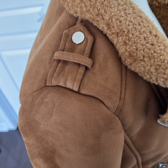 Zara soft Faux Suede Moto Jacket Camel Silver Hardware Fur Collar Size XS - Picture 4 of 12